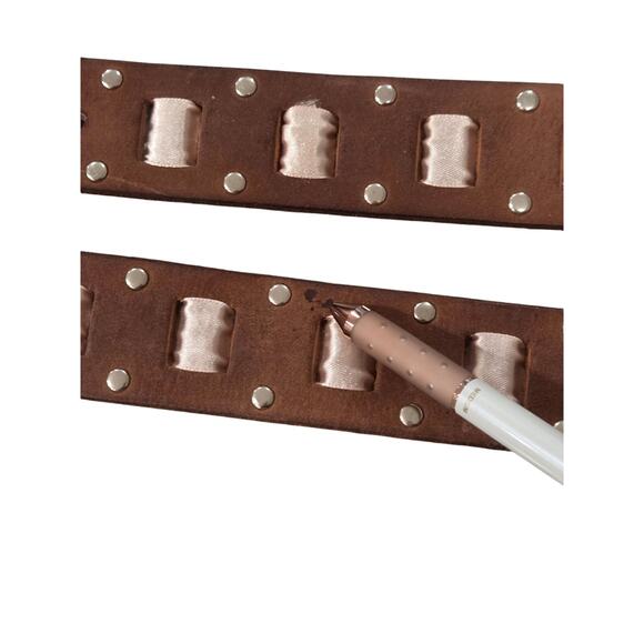 Brown Distressed Leather Belt Pink Satin Ribbon Silver Studs Brass Hardware Sz L - Picture 7 of 7